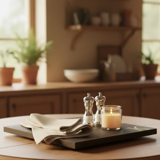 Monogram engraved square wooden lazy susan styled with linen napkins, salt and pepper shakers, and a jar candle on a round kitchen table — personalized lazy susan from The Red Hound Gifts
