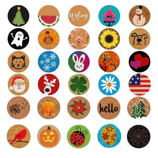 Decorative inserts for our natural rubber mat featuring autumn, winter, spring, and summer themed designs.