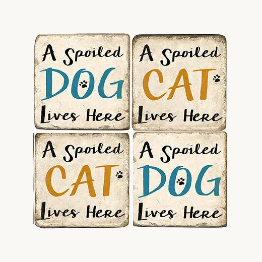 Four individual designer 4x4 marble table coasters featuring vintage spoiled dog and cat lives here quote prints, displayed on a clean white background.