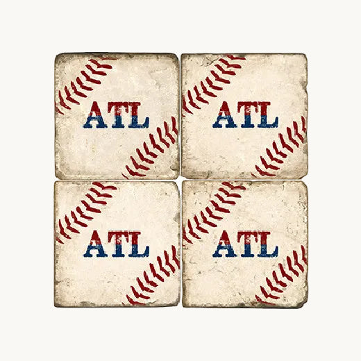 Four individual designer Italian tumbled marble table coasters featuring a vintage ATL baseball sports illustration, displayed on a clean white background.