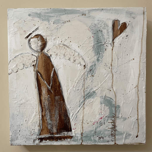 Mixed media artwork depicting a rustic angel on a grey and white textured background