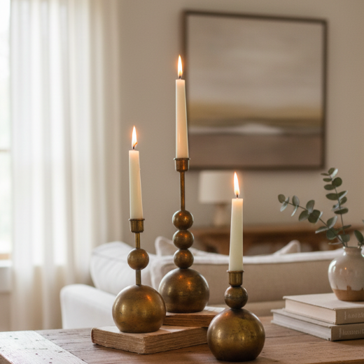 Set of 3 graduated antique brass stacked sphere taper candle holders styled on a wood tray in a bright living room — The Red Hound Gifts