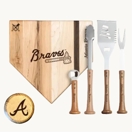 Atlanta Braves-themed BBQ set with cutting board, spatula, fork, bottle opener, and coaster on a white background at The Red Hound Gifts. 