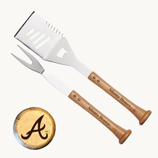 Barbecue utensil set with Atlanta Braves logo on handles and logo on white background
