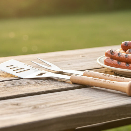 Barbecue utensil set with Atlanta Braves logo on handles and logo on white background