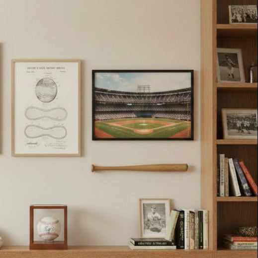 1928 U.S. Patent Office baseball drawing on aged cream parchment with red stitch detail, professionally framed in natural wood. 