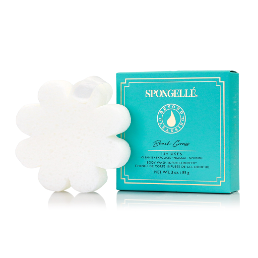 Soap infused body buffer sponge with a teal box packaging on a white background