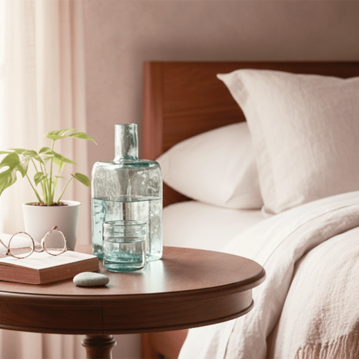 Water carafe on a wooden side table next to a bed.