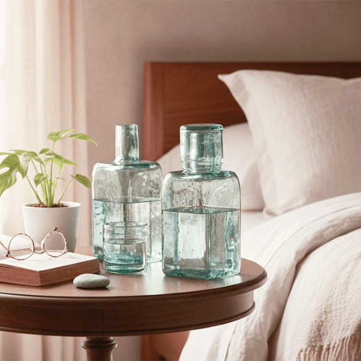 Water carafe on a wooden side table next to a bed.