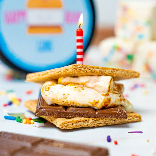 S'mores with a lit candle on top, surrounded by colorful sprinkles and a blurred birthday cake in the background.