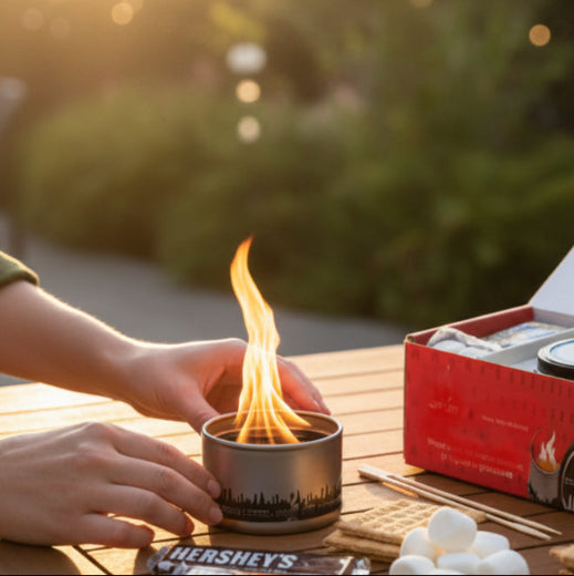 S'mores with a lit candle on top, surrounded by colorful sprinkles and a blurred birthday cake in the background.