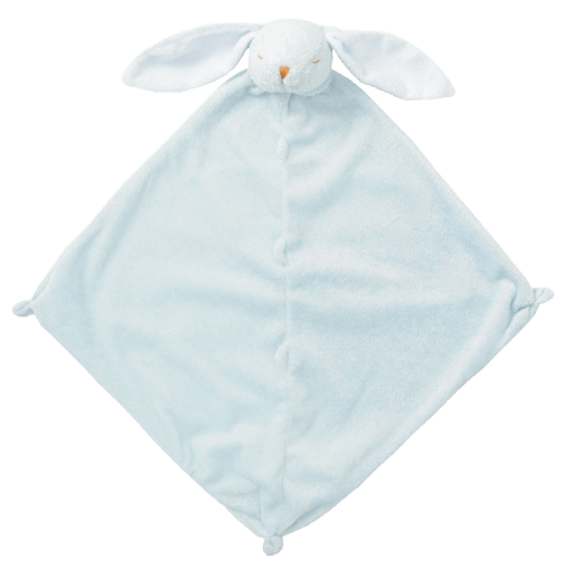 Blue plush comfort blanket with a bunny face