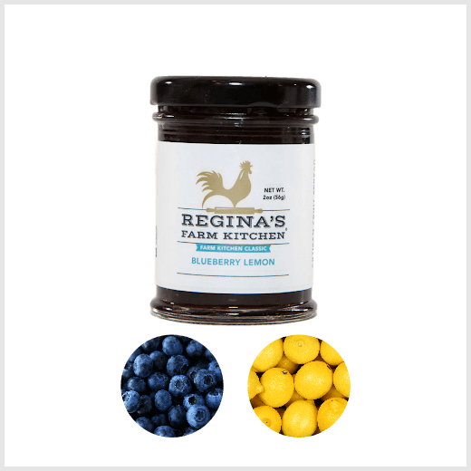 Jar of Blueberry Lemon spread with insets of blueberries and lemons 