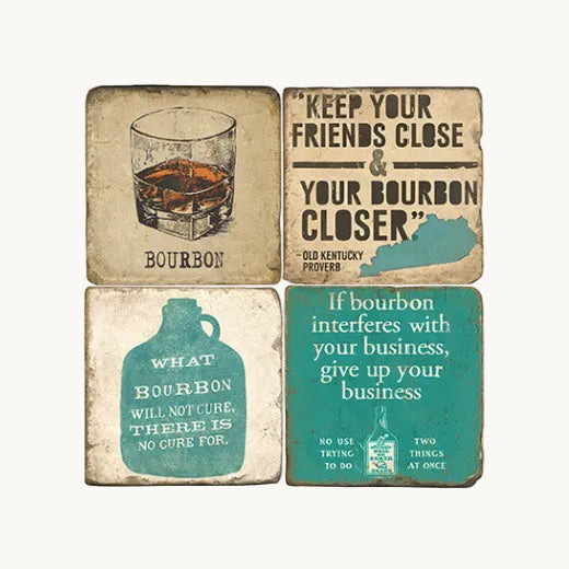 Four individual designer tumbled marble table coasters featuring vintage bourbon whiskey quotes and illustrations, displayed on a clean white background.