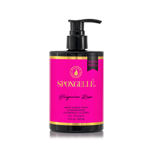 Bulgarian Roase hand and body wash bottle with pink label on a white background