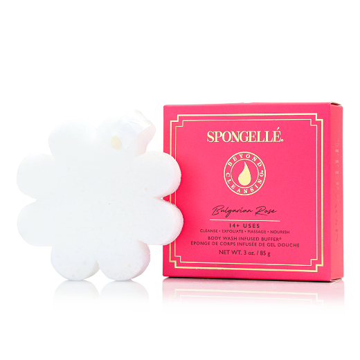Soap infused body buffer sponge with a pink box packaging on a white background