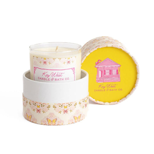 Butterfly Kisses soy candle in glass vessel with butterfly motif gift box, honeydew melon and peony scent, 11.5 oz