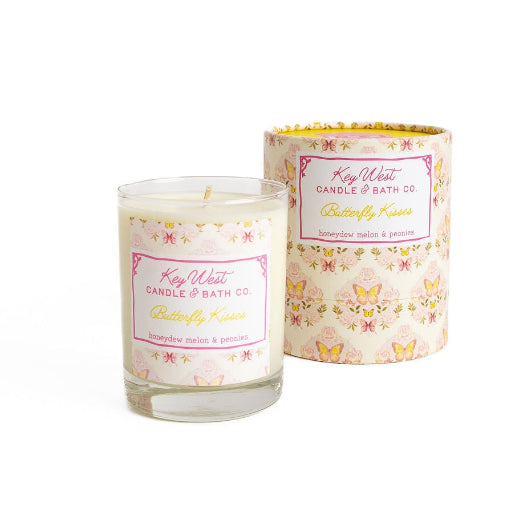 Butterfly Kisses soy candle in glass vessel with butterfly motif gift box, honeydew melon and peony scent, 11.5 oz
