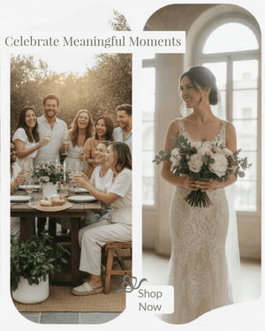 Two images: one of a group celebrating outdoors with text 'Celebrate Meaningful Moments', and another of a bride holding flowers indoors with text featuring The Red Hound Gifts gift collections.