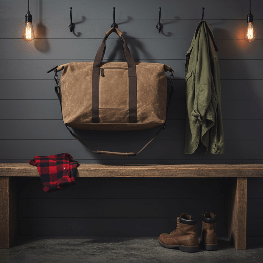 Khakiwaxed canvas bag with brown straps on a white background