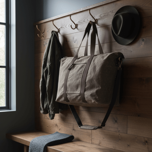 Olive waxed canvas bag with straps on a white background.