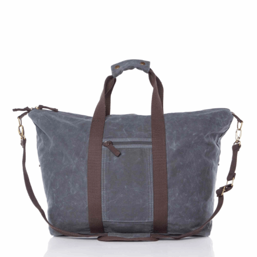 Slate waxed canvas tote bag with brown straps on a white background