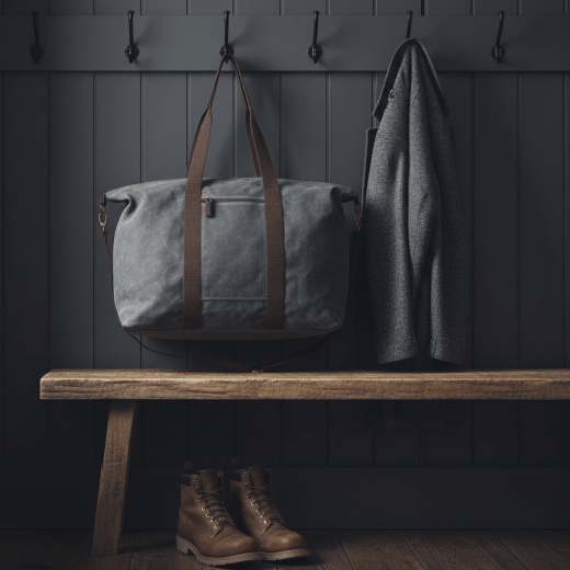 Slate waxed canvas tote bag with brown straps on a white background