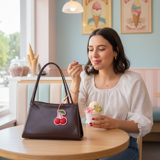 Cherries needlepoint bag charm with red and white braided edge and gold tone lobster clip — retro fruit bag charm from The Red Hound Gifts