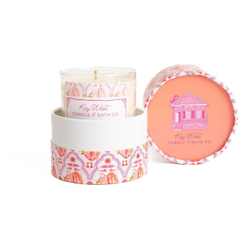 Conch Republic Escape soy candle in glass vessel with decorative pink floral cylindrical gift box, sea salt sage and musk scent, 11.5 oz