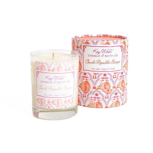 Conch Republic Escape soy candle in glass vessel with decorative pink floral cylindrical gift box, sea salt sage and musk scent, 11.5 oz