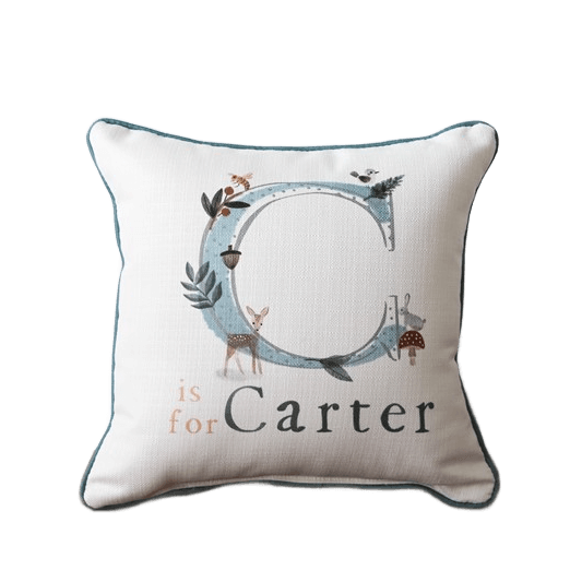 Children's bedroom featuring a pillow that has "C for Carter" on a bed.