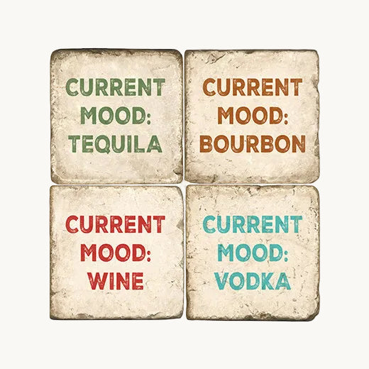 Four individual designer Italian tumbled marble table coasters featuring vintage Current Mood alcohol bar prints for Tequila, Bourbon, Wine, and Vodka, displayed on a clean white background.