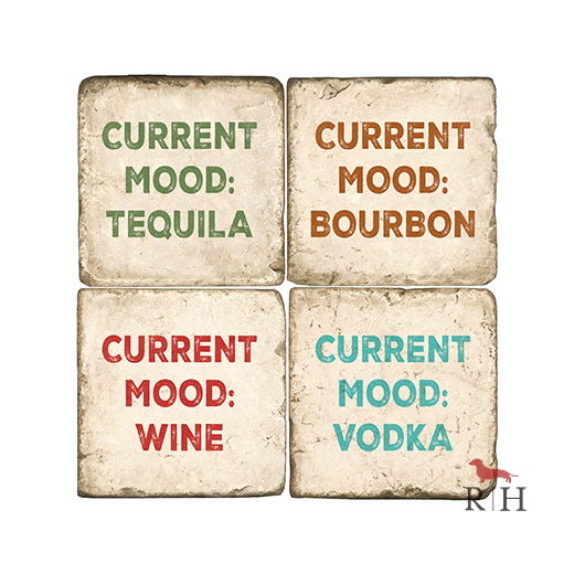 Four stone coasters with text indicating 'Current Mood' for different alcoholic beverages on a white background.