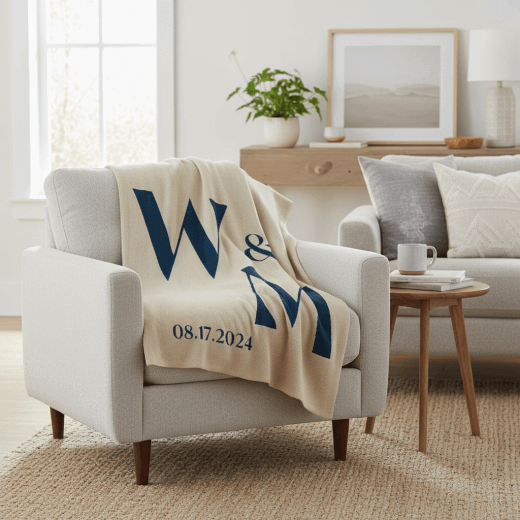 Teal W & M and date on a customized keepsake blanket draped over a neutral chair