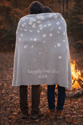 Gray blanket with 'happily ever after' text draped over a beige couch.