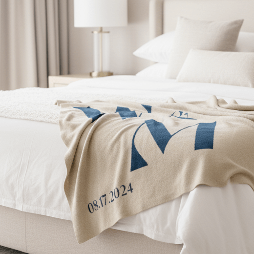 Teal W & M and date on a customized keepsake blanket draped over a neutral chair