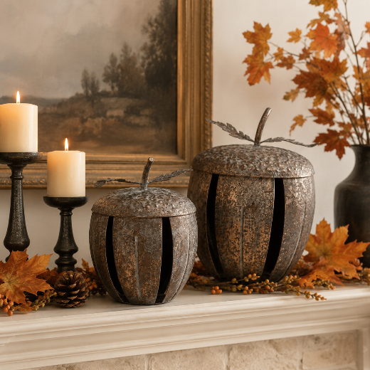 Decorative Woodlands Metal Acorn Set of 2 featuring slat metal frames and detached  lids on a clean white background.