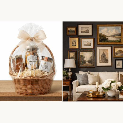 A split image showing a wicker gift basket filled with provisions, wrapped in clear cellophane and tied with a beige bow, on the left, and a styled living room with framed wall art, a sofa, and a coffee table on the right.