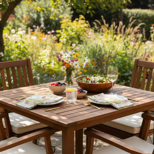Floral and dragonfly patterned cloth napkins on a table with plates.