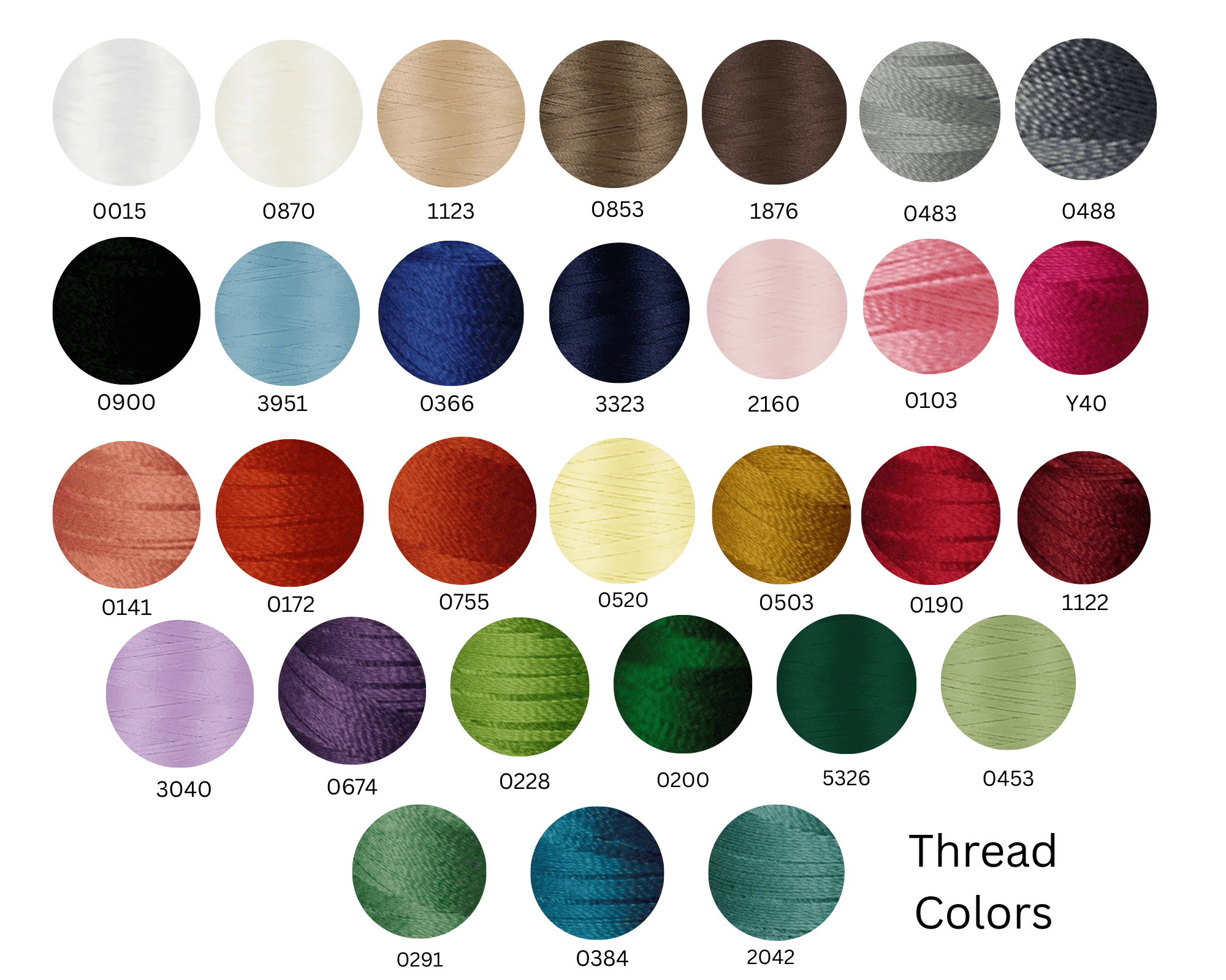 Color swatch chart for thread colors with corresponding numbers.