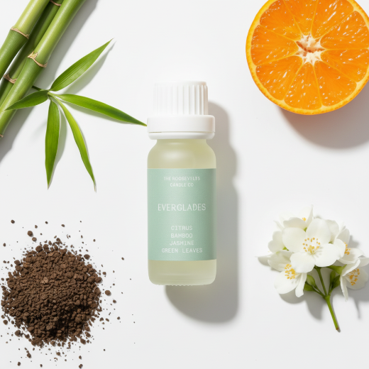 Bottle of Everglades aromatic oil on a white background