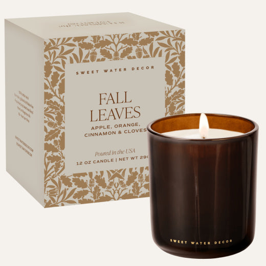 Fall Leaves soy candle in amber glass jar with coordinating gift box — apple, berry, cinnamon and clove fragrance