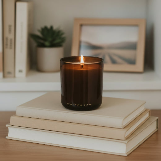 Fall Leaves soy candle in amber glass jar with coordinating gift box — apple, berry, cinnamon and clove fragrance