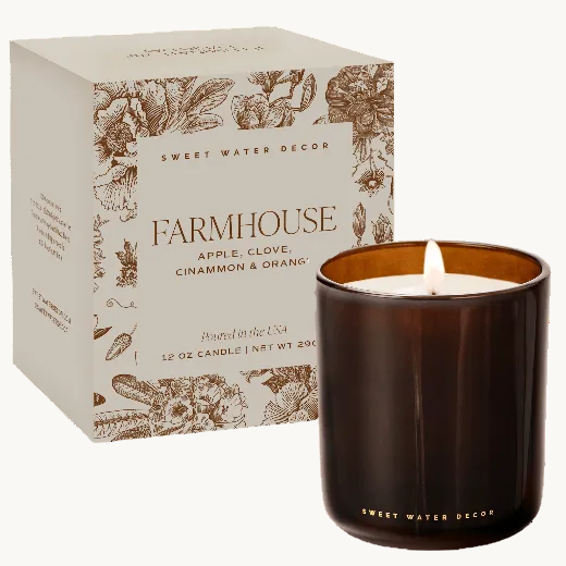 Farmhouse soy candle in amber glass jar with coordinating gift box — apple, spice, caramel and vanilla fragrance
