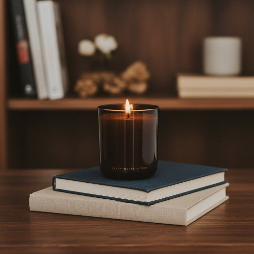 Farmhouse soy candle in amber glass jar with coordinating gift box — apple, spice, caramel and vanilla fragrance