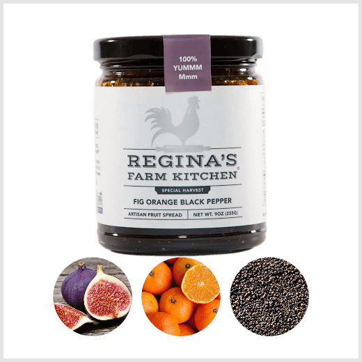 Jar of Fig Orange Black Pepper spread with insets of figs, oranges, and black pepper.