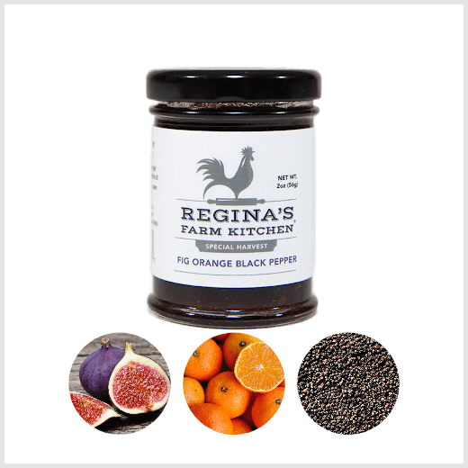Jar of  Fig Orange Black Pepper with insets of figs, oranges, and black pepper.