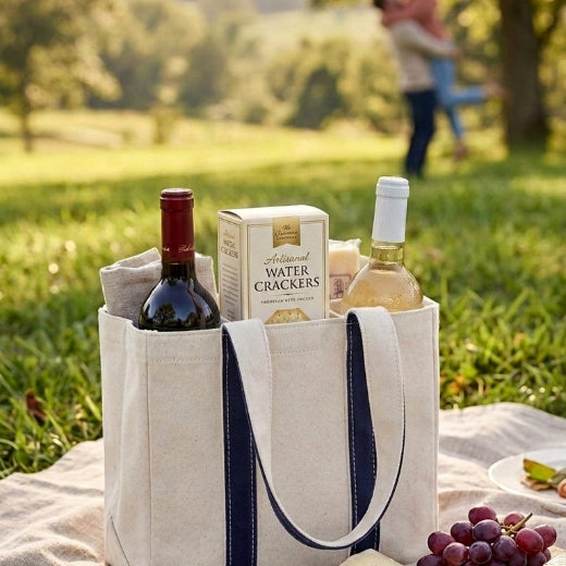 Canvas four-bottle wine carrier tote with navy handles styled at an outdoor picnic with wine bottles and grapes — The Red Hound Gifts


