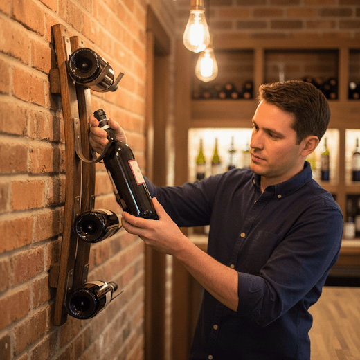 Man holding a bottle of wine next to a wall-mounted wine stave wine rack in a bar setting.