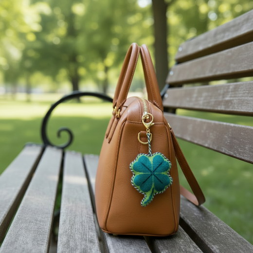 Needlepoint four leaf clover bag charm in teal and green plaid with gold-tone lobster clasp and twisted rope trim